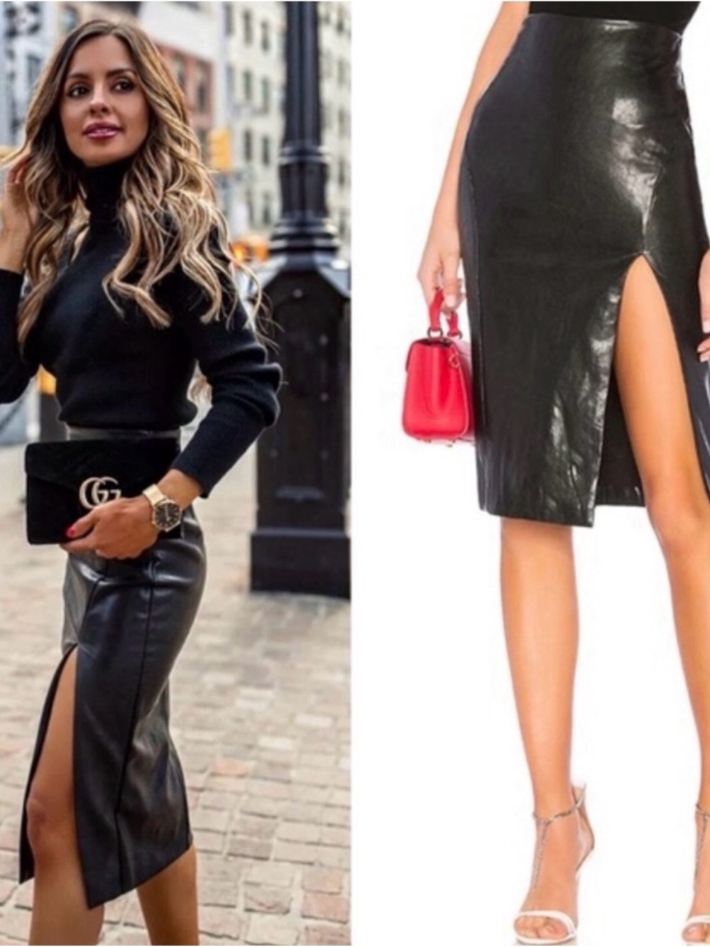superdown Black Faux Leather Midi Skirt with High Side Slit